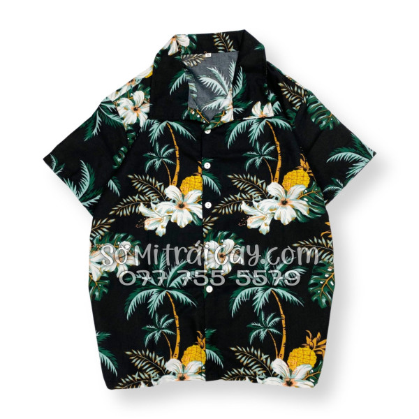 Bộ Áo Sơ Mi Quần Short Trái Cây Thơm Dứa Cây Dừa Hoa Sứ Đen