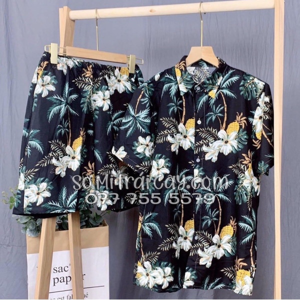 Bộ Áo Sơ Mi Quần Short Trái Cây Thơm Dứa Cây Dừa Hoa Sứ Đen