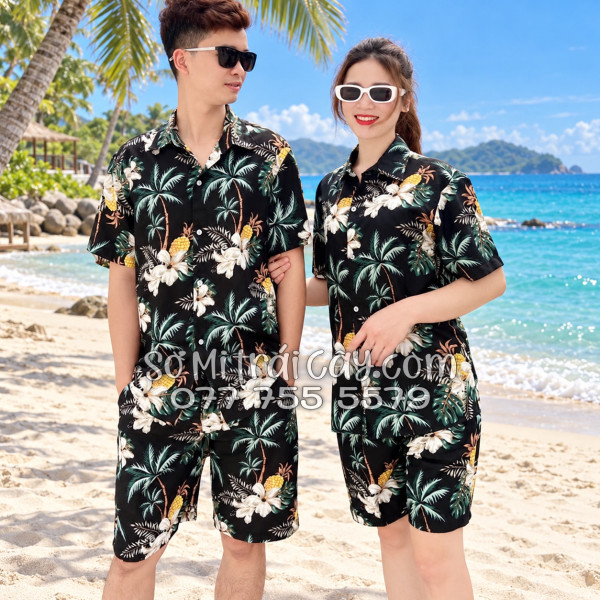 Bộ Áo Sơ Mi Quần Short Trái Cây Thơm Dứa Cây Dừa Hoa Sứ Đen