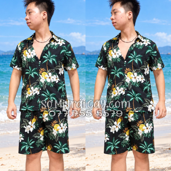 Bộ Áo Sơ Mi Quần Short Trái Cây Thơm Dứa Cây Dừa Hoa Sứ Đen