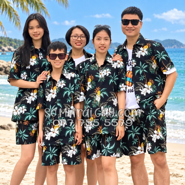 Bộ Áo Sơ Mi Quần Short Trái Cây Thơm Dứa Cây Dừa Hoa Sứ Đen