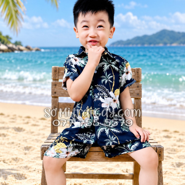 Bộ Áo Sơ Mi Quần Short Trái Cây Thơm Dứa Cây Dừa Hoa Sứ Đen