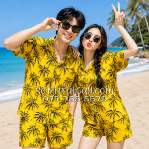Bộ Áo Sơ Mi Quần Short Tropical Họa Tiết Cây Dừa Đen Nền Vàng