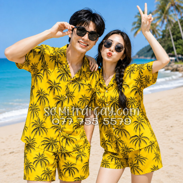 Bộ Áo Sơ Mi Quần Short Tropical Họa Tiết Cây Dừa Đen Nền Vàng