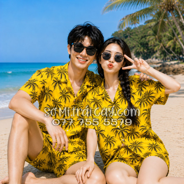 Bộ Áo Sơ Mi Quần Short Tropical Họa Tiết Cây Dừa Đen Nền Vàng