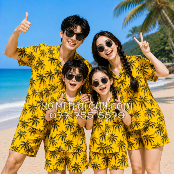 Bộ Áo Sơ Mi Quần Short Tropical Họa Tiết Cây Dừa Đen Nền Vàng