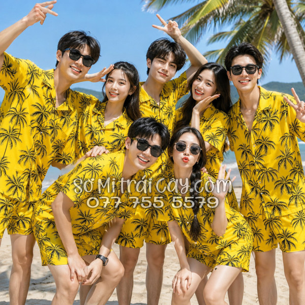 Bộ Áo Sơ Mi Quần Short Tropical Họa Tiết Cây Dừa Đen Nền Vàng