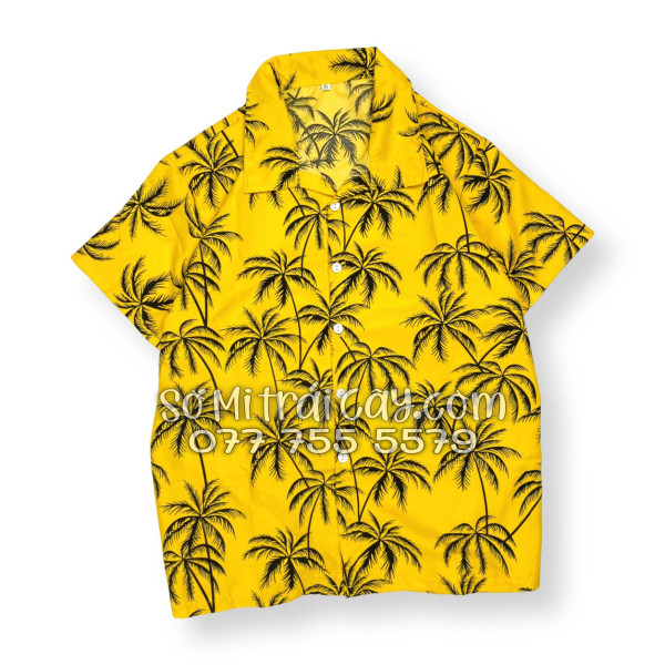 Bộ Áo Sơ Mi Quần Short Tropical Họa Tiết Cây Dừa Đen Nền Vàng
