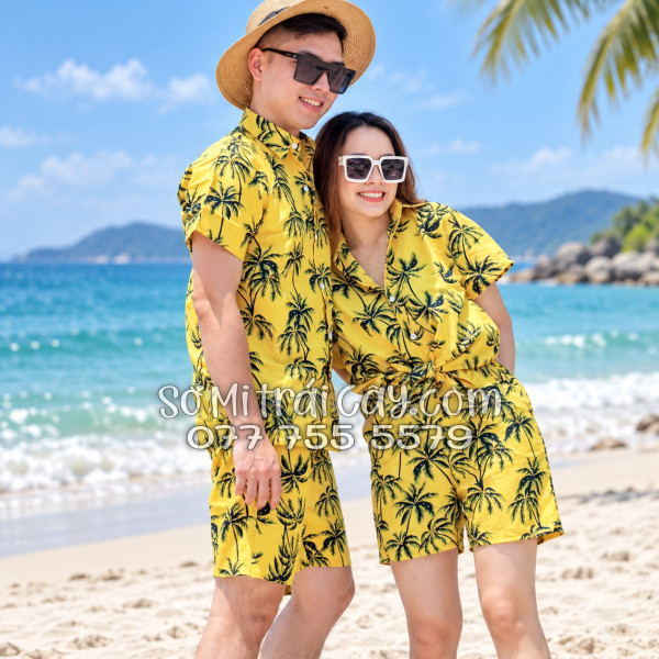 Bộ Áo Sơ Mi Quần Short Tropical Họa Tiết Cây Dừa Đen Nền Vàng