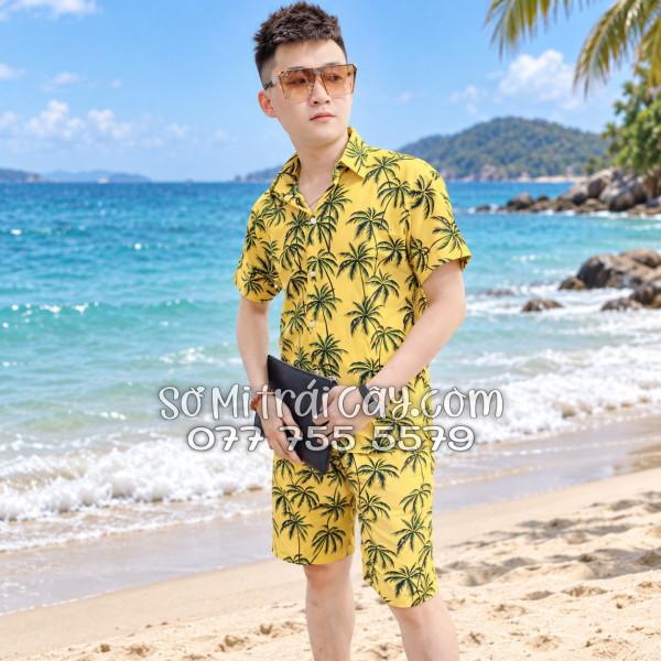 Bộ Áo Sơ Mi Quần Short Tropical Họa Tiết Cây Dừa Đen Nền Vàng