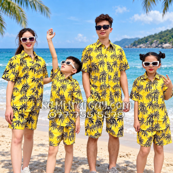 Bộ Áo Sơ Mi Quần Short Tropical Họa Tiết Cây Dừa Đen Nền Vàng