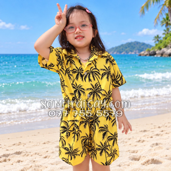 Bộ Áo Sơ Mi Quần Short Tropical Họa Tiết Cây Dừa Đen Nền Vàng