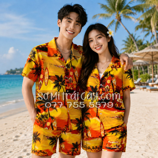 Bộ Áo Sơ Mi Quần Short Tropical Họa Tiết Hoàng Hôn Cây Dừa Cam Đỏ