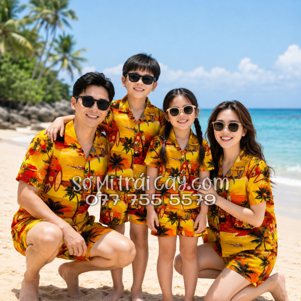 Bộ Áo Sơ Mi Quần Short Tropical Họa Tiết Hoàng Hôn Cây Dừa Cam Đỏ