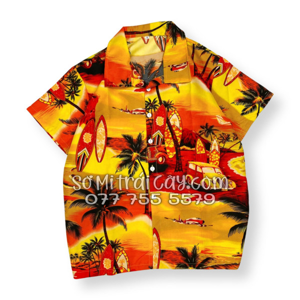 Bộ Áo Sơ Mi Quần Short Tropical Họa Tiết Hoàng Hôn Cây Dừa Cam Đỏ