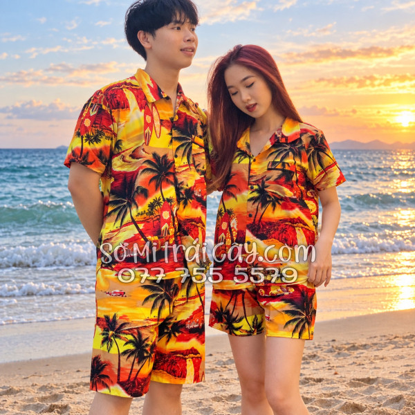 Bộ Áo Sơ Mi Quần Short Tropical Họa Tiết Hoàng Hôn Cây Dừa Cam Đỏ