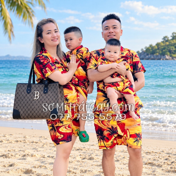 Bộ Áo Sơ Mi Quần Short Tropical Họa Tiết Hoàng Hôn Cây Dừa Cam Đỏ