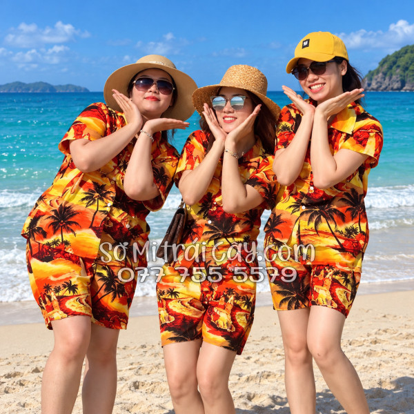 Bộ Áo Sơ Mi Quần Short Tropical Họa Tiết Hoàng Hôn Cây Dừa Cam Đỏ