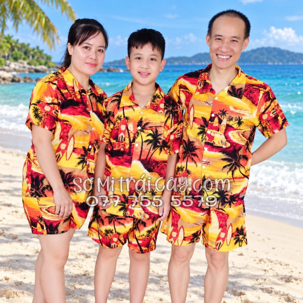Bộ Áo Sơ Mi Quần Short Tropical Họa Tiết Hoàng Hôn Cây Dừa Cam Đỏ