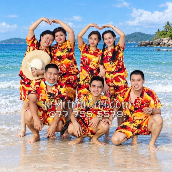 Bộ Áo Sơ Mi Quần Short Tropical Họa Tiết Hoàng Hôn Cây Dừa Cam Đỏ