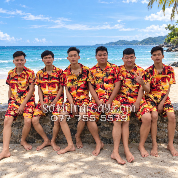 Bộ Áo Sơ Mi Quần Short Tropical Họa Tiết Hoàng Hôn Cây Dừa Cam Đỏ
