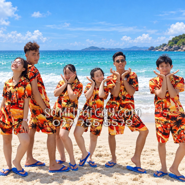 Bộ Áo Sơ Mi Quần Short Tropical Họa Tiết Hoàng Hôn Cây Dừa Cam Đỏ
