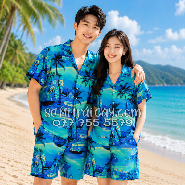 Bộ Áo Sơ Mi Quần Short Tropical Họa Tiết Cây Dừa Xanh