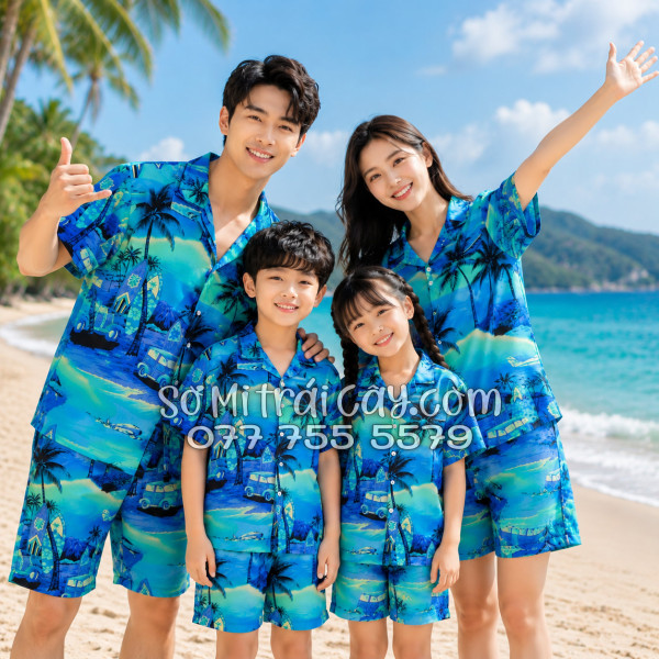 Bộ Áo Sơ Mi Quần Short Tropical Họa Tiết Cây Dừa Xanh