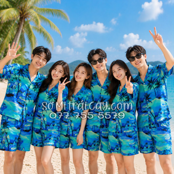 Bộ Áo Sơ Mi Quần Short Tropical Họa Tiết Cây Dừa Xanh