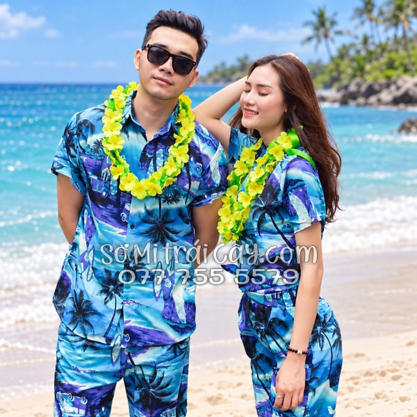Bộ Áo Sơ Mi Quần Short Tropical Họa Tiết Cây Dừa Xanh