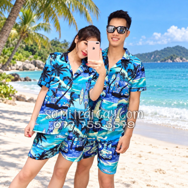 Bộ Áo Sơ Mi Quần Short Tropical Họa Tiết Cây Dừa Xanh