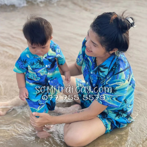 Bộ Áo Sơ Mi Quần Short Tropical Họa Tiết Cây Dừa Xanh