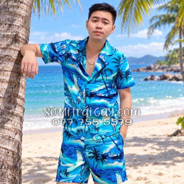 Bộ Áo Sơ Mi Quần Short Tropical Họa Tiết Cây Dừa Xanh
