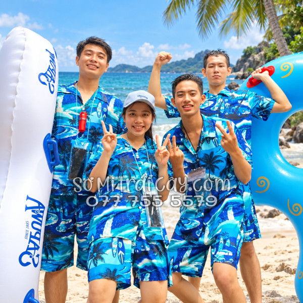 Bộ Áo Sơ Mi Quần Short Tropical Họa Tiết Cây Dừa Xanh