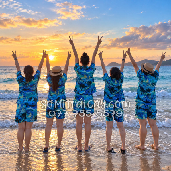 Bộ Áo Sơ Mi Quần Short Tropical Họa Tiết Cây Dừa Xanh