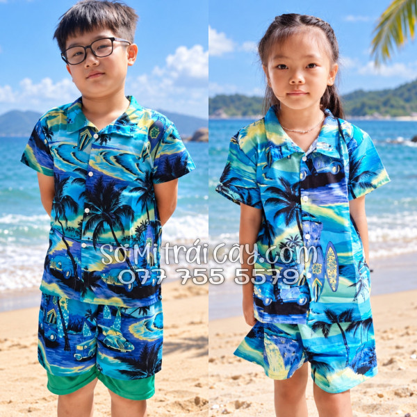 Bộ Áo Sơ Mi Quần Short Tropical Họa Tiết Cây Dừa Xanh