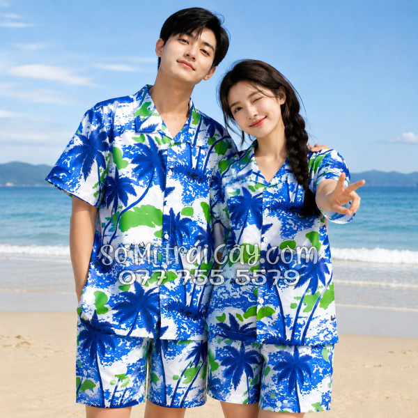 Bộ Áo Sơ Mi Quần Short Tropical Họa Tiết Cây Dừa Trắng