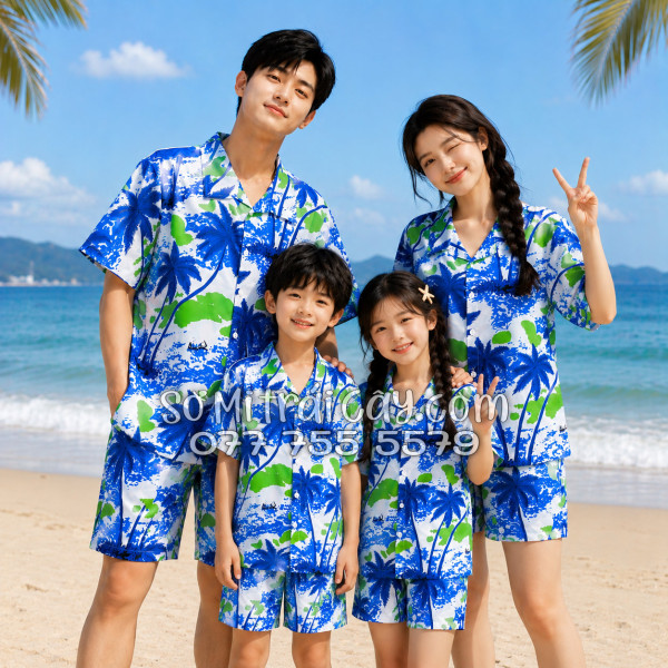 Bộ Áo Sơ Mi Quần Short Tropical Họa Tiết Cây Dừa Trắng