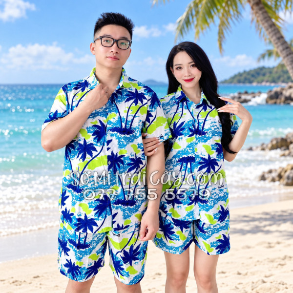 Bộ Áo Sơ Mi Quần Short Tropical Họa Tiết Cây Dừa Trắng