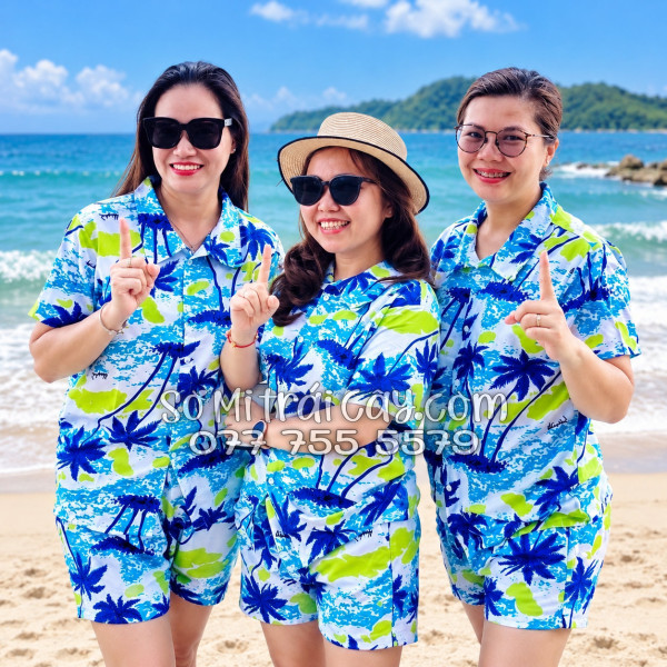 Bộ Áo Sơ Mi Quần Short Tropical Họa Tiết Cây Dừa Trắng