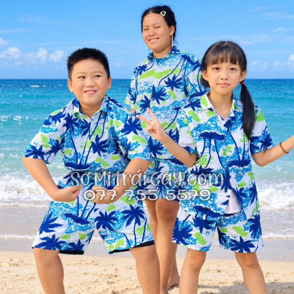 Bộ Áo Sơ Mi Quần Short Tropical Họa Tiết Cây Dừa Trắng