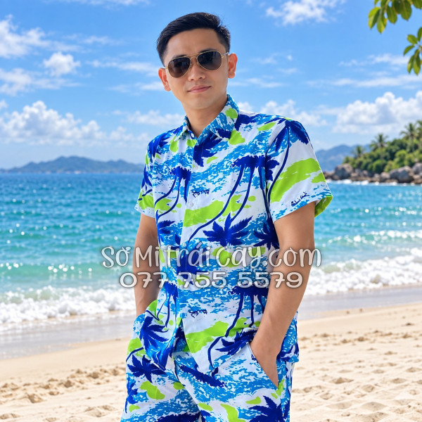 Bộ Áo Sơ Mi Quần Short Tropical Họa Tiết Cây Dừa Trắng