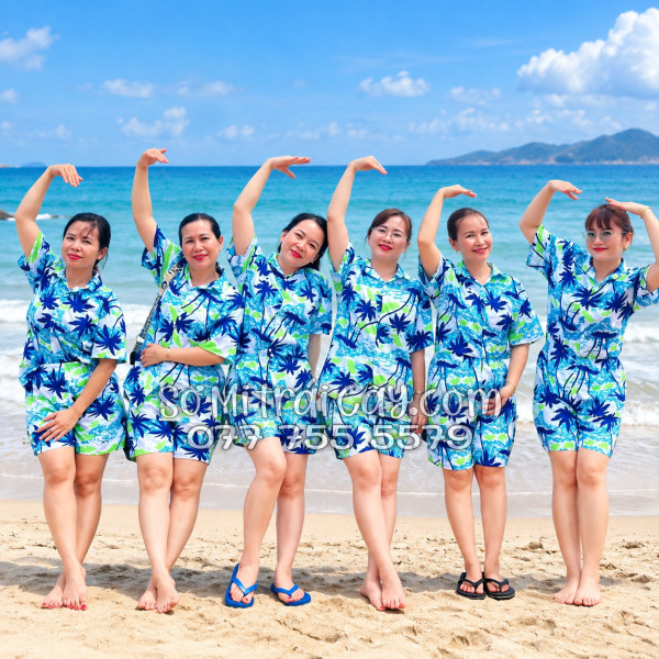 Bộ Áo Sơ Mi Quần Short Tropical Họa Tiết Cây Dừa Trắng