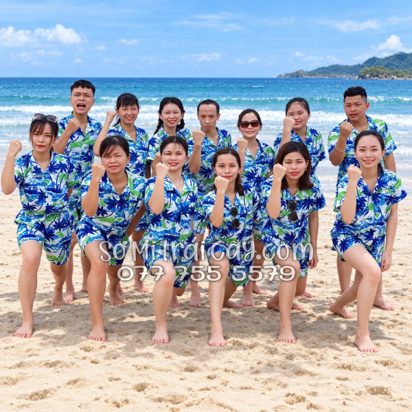 Bộ Áo Sơ Mi Quần Short Tropical Họa Tiết Cây Dừa Trắng