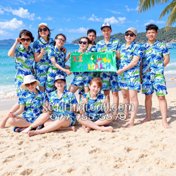 Bộ Áo Sơ Mi Quần Short Tropical Họa Tiết Cây Dừa Trắng