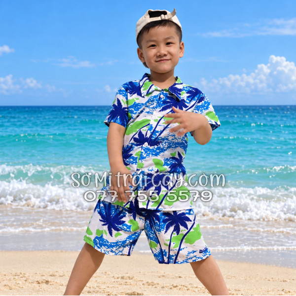 Bộ Áo Sơ Mi Quần Short Tropical Họa Tiết Cây Dừa Trắng
