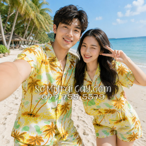 Bộ Áo Sơ Mi Quần Short Tropical Họa Tiết Cây Dừa Nâu