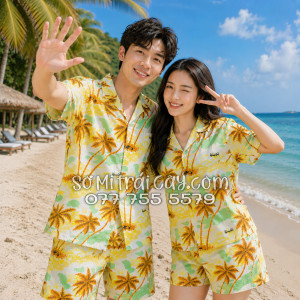 Bộ Áo Sơ Mi Quần Short Tropical Họa Tiết Cây Dừa Nâu