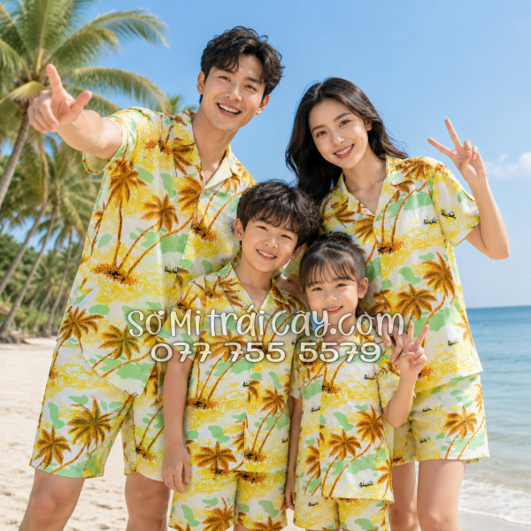 Bộ Áo Sơ Mi Quần Short Tropical Họa Tiết Cây Dừa Nâu