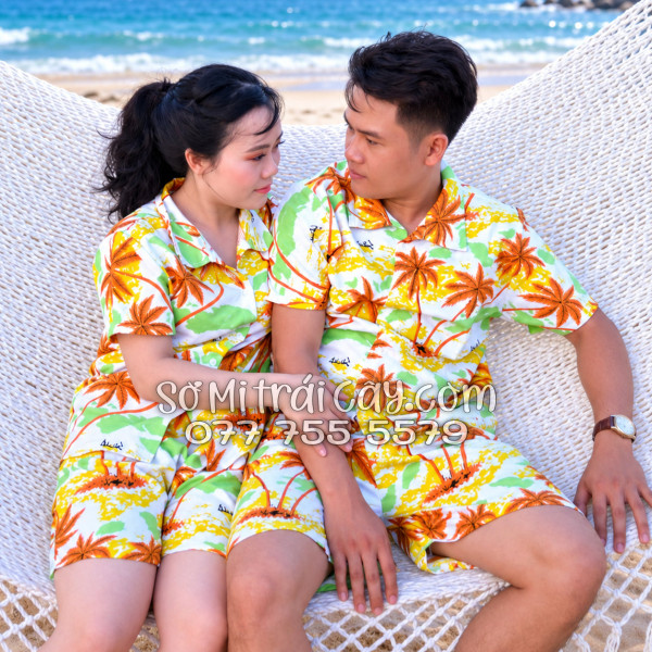 Bộ Áo Sơ Mi Quần Short Tropical Họa Tiết Cây Dừa Nâu